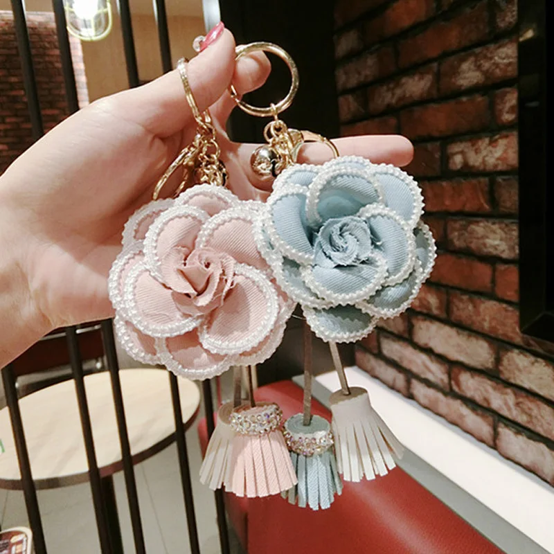 

White edged Flower Rose Tassel Bag Pendant Keychain Bag Car Pendant For Woman