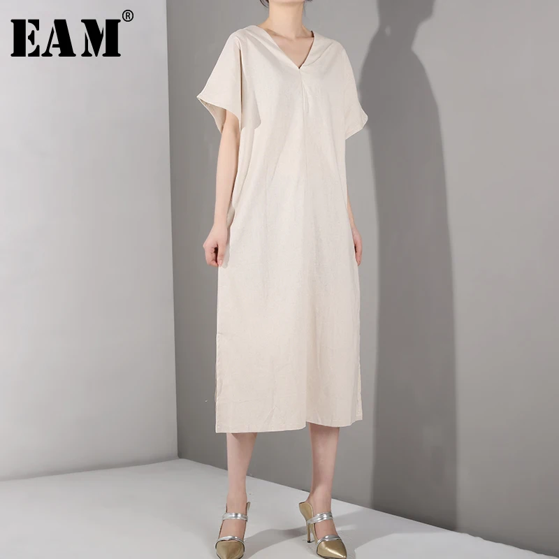 

[EAM] 2019 New Spring Summer V- Neck Short Sleeve Apricot Loose Long Big Size Temperament Dress Women Fashion Tide FM5741