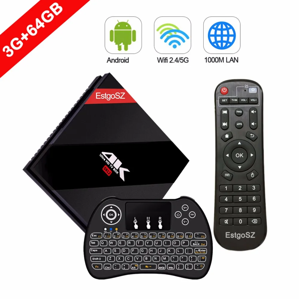 

H96 3G 64G EStgoSZ Android 7.1 TV BOX with Russian Backlit Keyboard 3G/64G Amlogic S912 Octa Core 64 bits with Dual Band WIFI