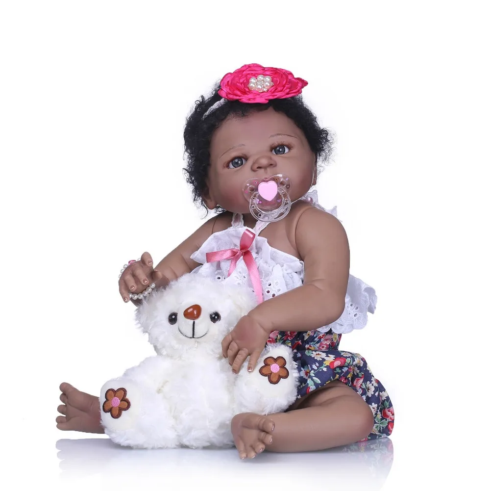 

NPKCOLLECTION Realistic Reborn Bebe Girl Doll 22" Full Silicone Vinyl Body Newborn Doll Black Skin Play House Toy Gift Boneca