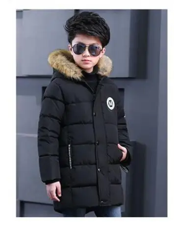 Детский зимний пуховик Длинная Куртка-пуховик для мальчиков теплая одежда с воротником из натурального меха енота для мальчиков и подростков