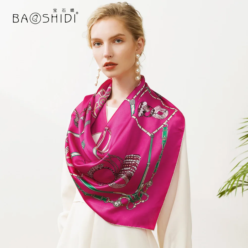 [BAOSHIDI] Шелковый Атласный квадратный шарф, модный шейный платок, роскошная Брендовая женская шаль, элегантные женские шарфы, бесконечный хиджаб Леди