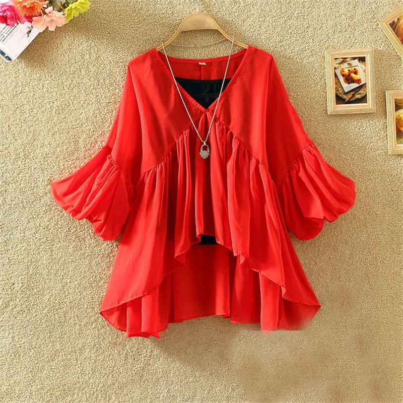 Women Floral Print Blouse Casual V-Neck Chiffon Blouses Lady Lantern Sleeve Ruffles Shirts irregular Blusas Tops Plus Size A1338 3