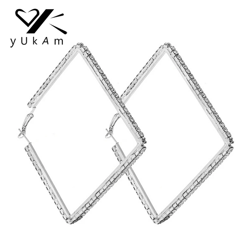 

YUKAM Big Exaggerated Crystals Square Loop Hoop Earrings Creole Silver Metal Rhinestones Hoop Earrings for Women Wedding Jewelry