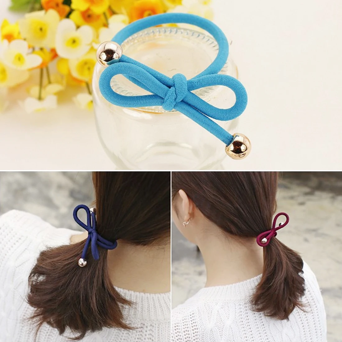 2pcs Fashion Women Elastic Hair Band Colorful Hair Tie Rope Bow Ring Rubber Ponytail Holder For Girls