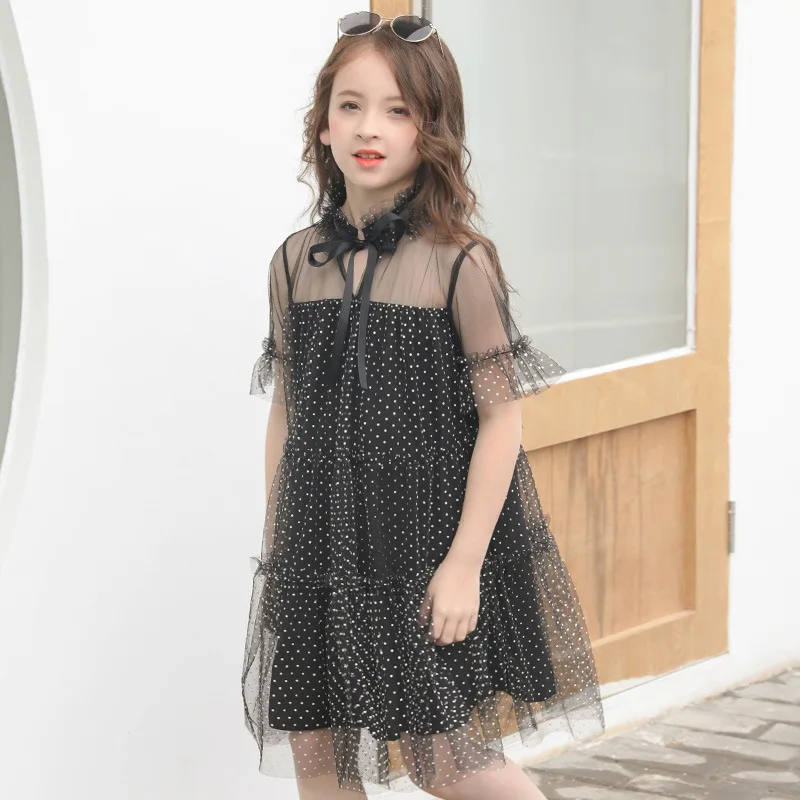 

Kids Costume Summer Mesh Black Dot Party Dress School Children Clothing Teen Kids Dresses for Girls Princess Dress 14 15 Years