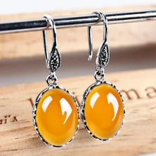 S925 серебряные детская фоновая фотография в стиле ретро зелёное халцедон агат серьги желтый Агат Серьги с драгоценными камнями серебристого цвета темпераментные