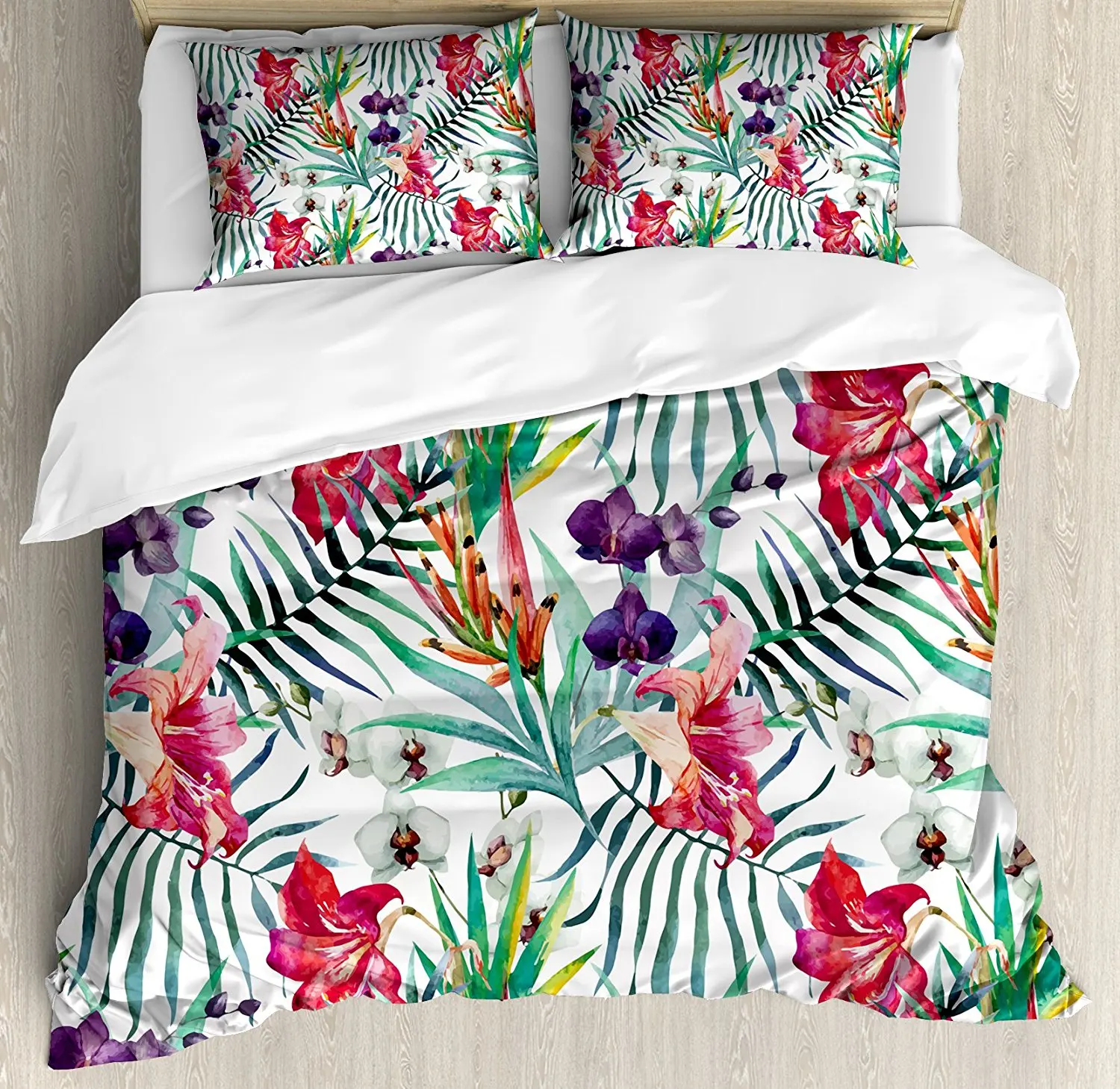 Floral Duvet Cover Set Watercolored Tropical Exotic Foliage