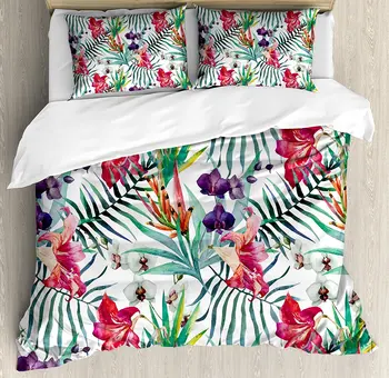 

Floral Duvet Cover Set Watercolored Tropical Exotic Foliage Vibrant Color Palette Hawaiian Summer Season Decor 4pcs Bedding Set
