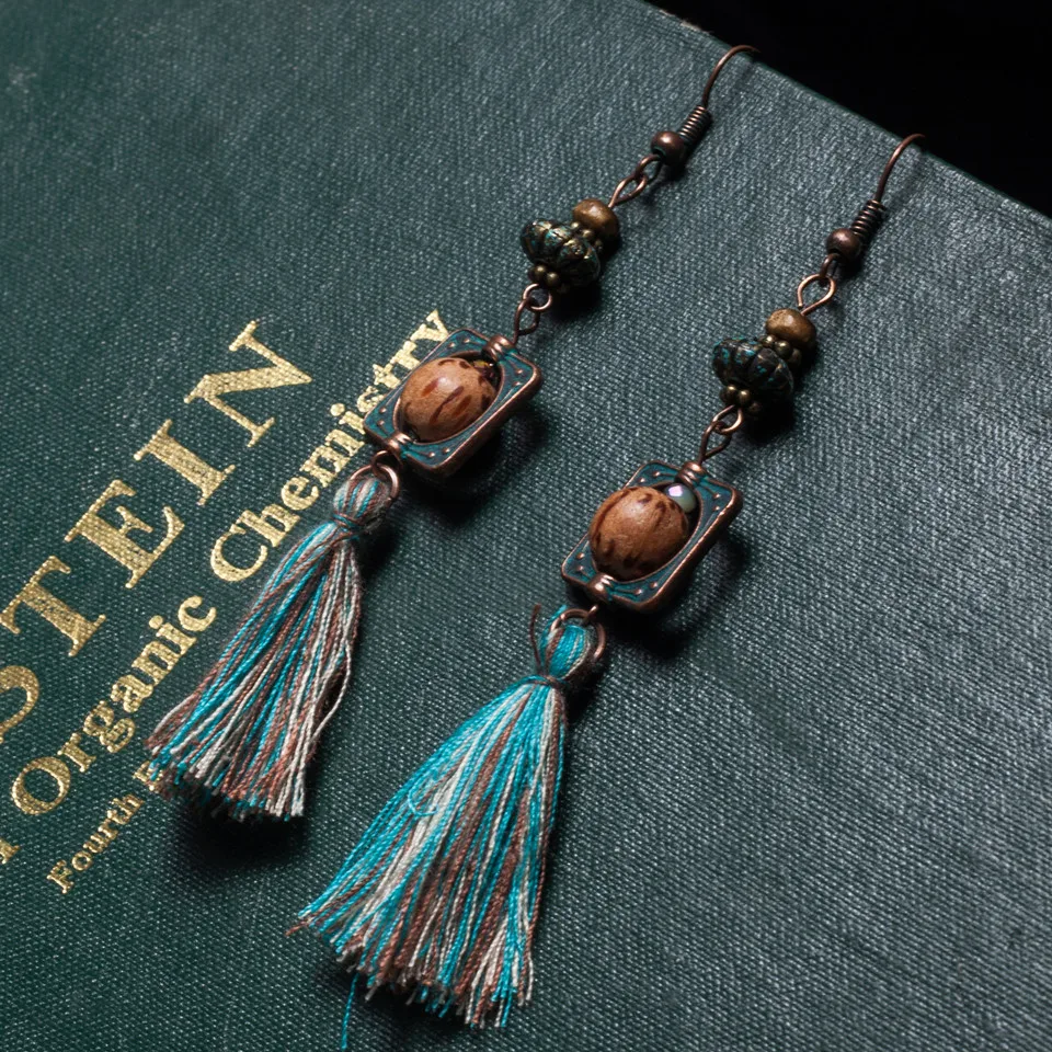2019 Boho винтажные длинные серьги с бахромой этнические богемные зеленые