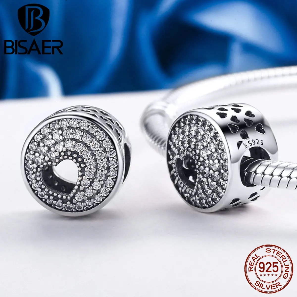 

BISAER Hotsale 925 Sterling Silver Clearly CZ, Deep to the Heart bead Charms Fit Charms Silver 925 Original Bracelet Jewelry