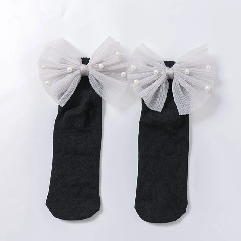 Новые носки для маленьких девочек с бантиками, хлопковые носки до лодыжки для малышей, носки принцессы с бисером для ма - Цвет: Black Beads Bow