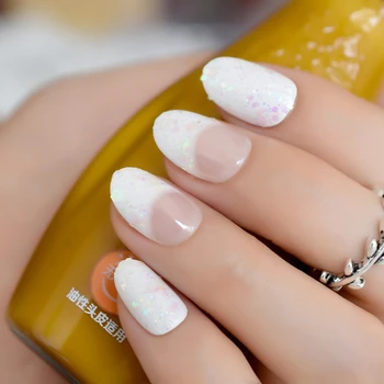 Najtaniej Olśniewające Okrągłe Francuskie Paznokcie Ozdoba Z Brokatem średnie Pełne Pokrycie Zaprojektowane Akrylowe Tipsy DIY Faux Ongles Z870