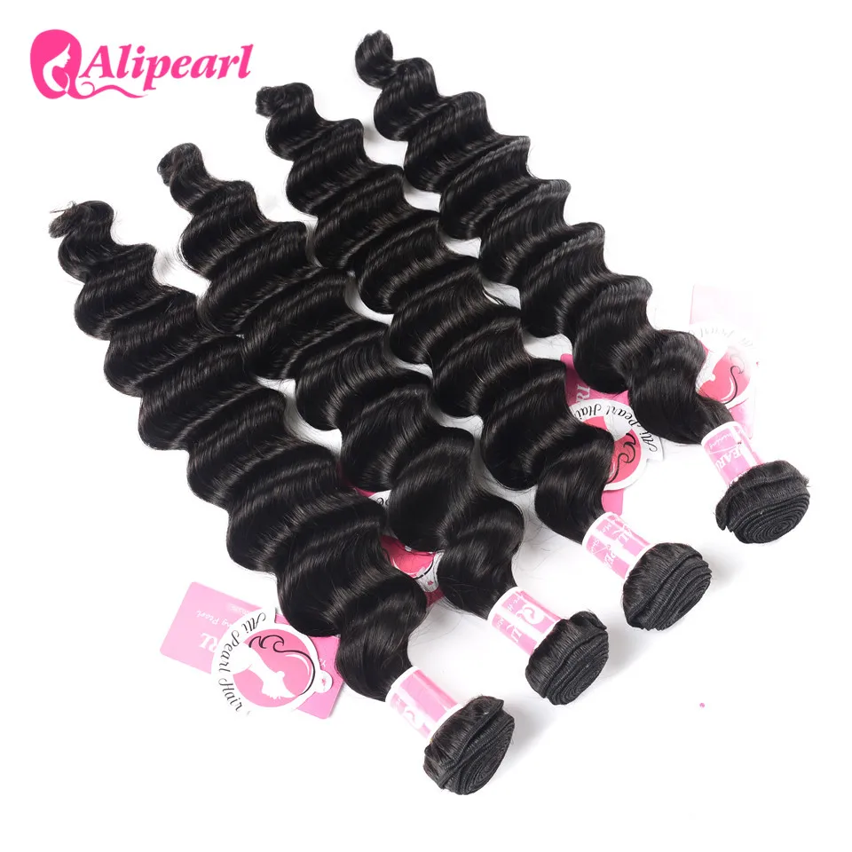 AliPearl Brazilian Loose Deep Hair Weave 4 Bundle Deals 100% Human Hair Bundles Natural Black 10-26inch Remy Extensions