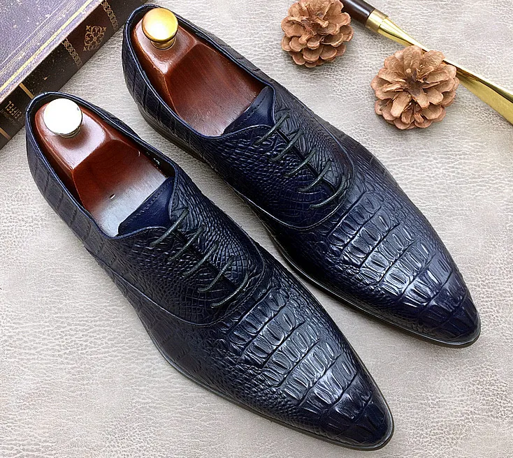 

New Style Pointed Toes Crocodile Pattern Genuine Leather Lace Up Dress Shoes Men England Style Business Casual Office Work Shoes