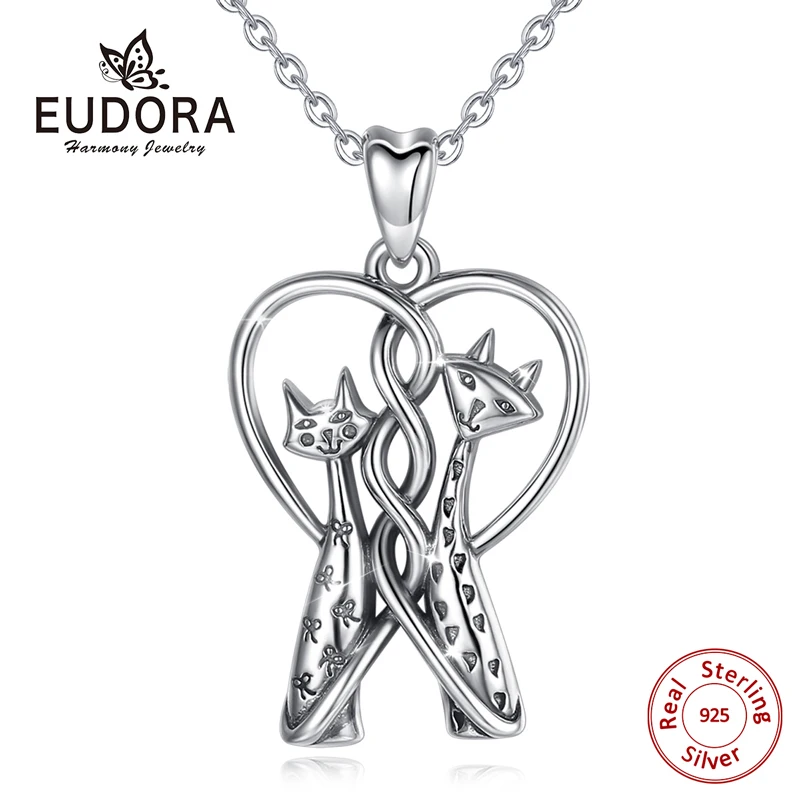 Ожерелье с кошкой и котенком из стерлингового серебра EUDORA двумя головками