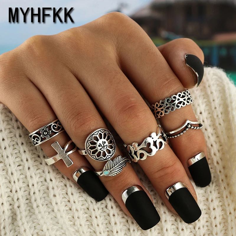 

MYHFKK pieces 7/set bohemian beach retro hollow lotus wave gems geometric crystal ring set ladies jewelry accessories JZ021