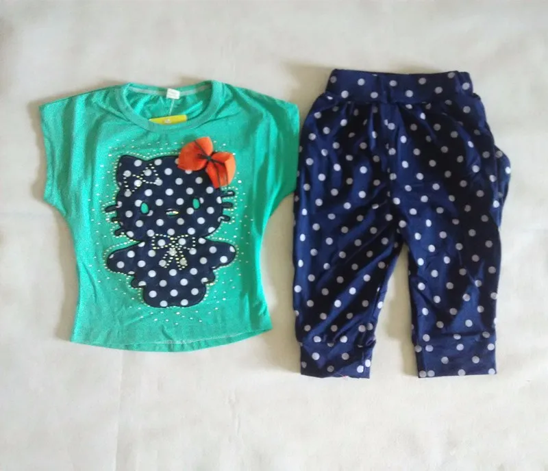 Розничная, детская одежда, футболка и штаны в горошек, комплект для девочек, летние комплекты из 2 предметов для маленьких девочек, LKC074