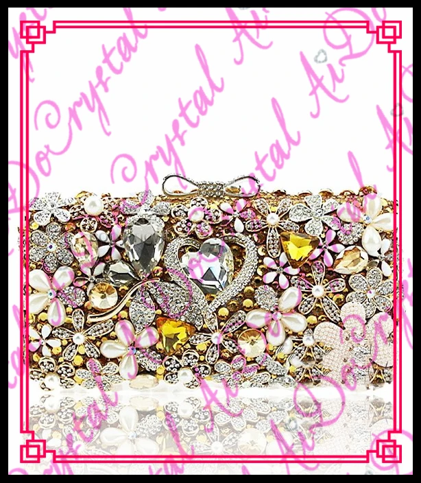 Aidocrystal gold color clutch decorated with heart diamond and flowers girls wedding handbags