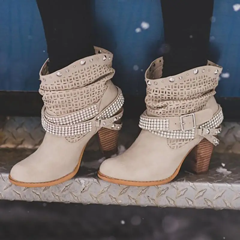 

Oeak Women Boots Spring Autumn High Heels Shoes For Female Rivet Buckle Daily Shoes Martin Short Boots Leather Ankle Boots