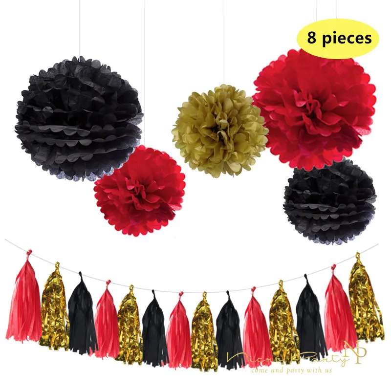 Nicro Mixed Gold Black Red Party Tissue Pom Poms Paper Tassel Garland