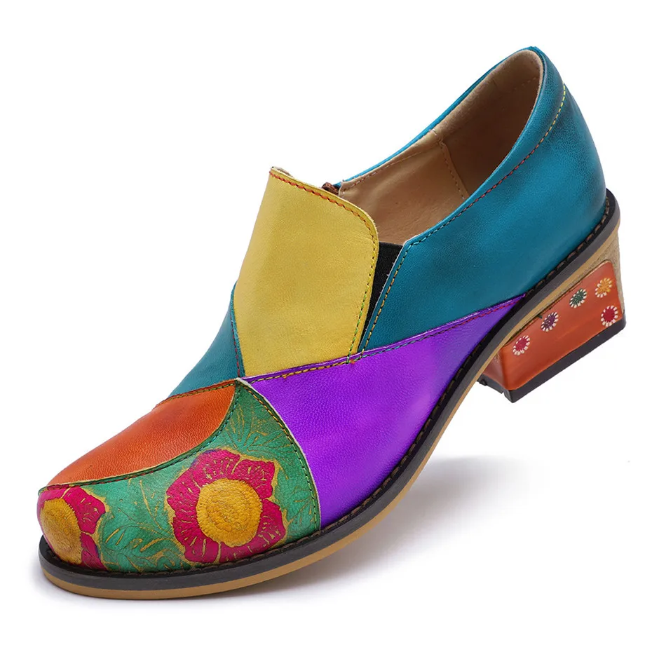2019 New Genuine Leather Women Pumps Handmade Color Block Loafers Oxfords Shoes For Woman Med Heels Ladies Single Shoes Big Size (2)