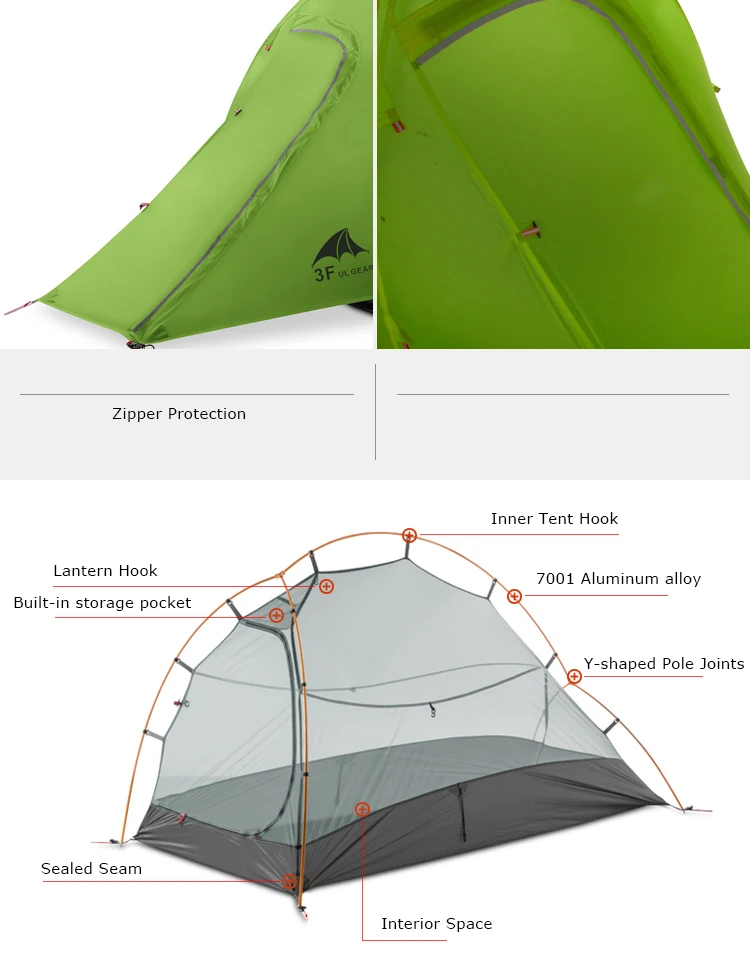 3F UL шестерни водонепроницаемый 2 человек альпинизмом Самостоятельная Палатка Сверхлегкий 210T 15D силикон 3 4 сезон для кемпинга двухслойные