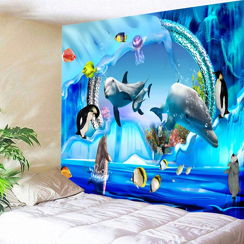 Индийская МАНДАЛА ГОБЕЛЕН Настенный 3D мультфильм мир Дельфин Пингвин пляж животное синий песчаный пляж пледы ковер одеяло Кемпинг