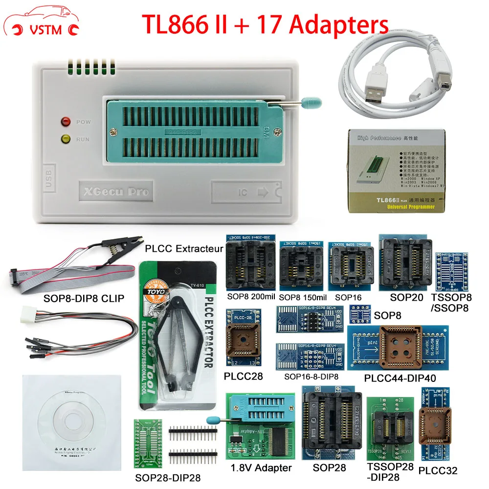 Оригинальный TL866II Plus + 17 адаптеров SOP8 IC Зажим Универсальный программист