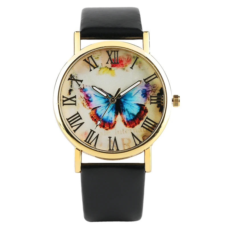 

Vintage Women Quartz Watches Colorful Butterfly Roman Numbers Display Fashion Leather Wristwatch Elegant Lady Clock reloj