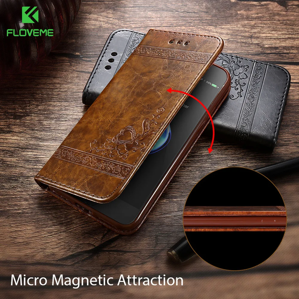Кожаный флип чехол FLOVEME в стиле ретро для iPhone X XR XS MAX чехлы телефонов с отделениями