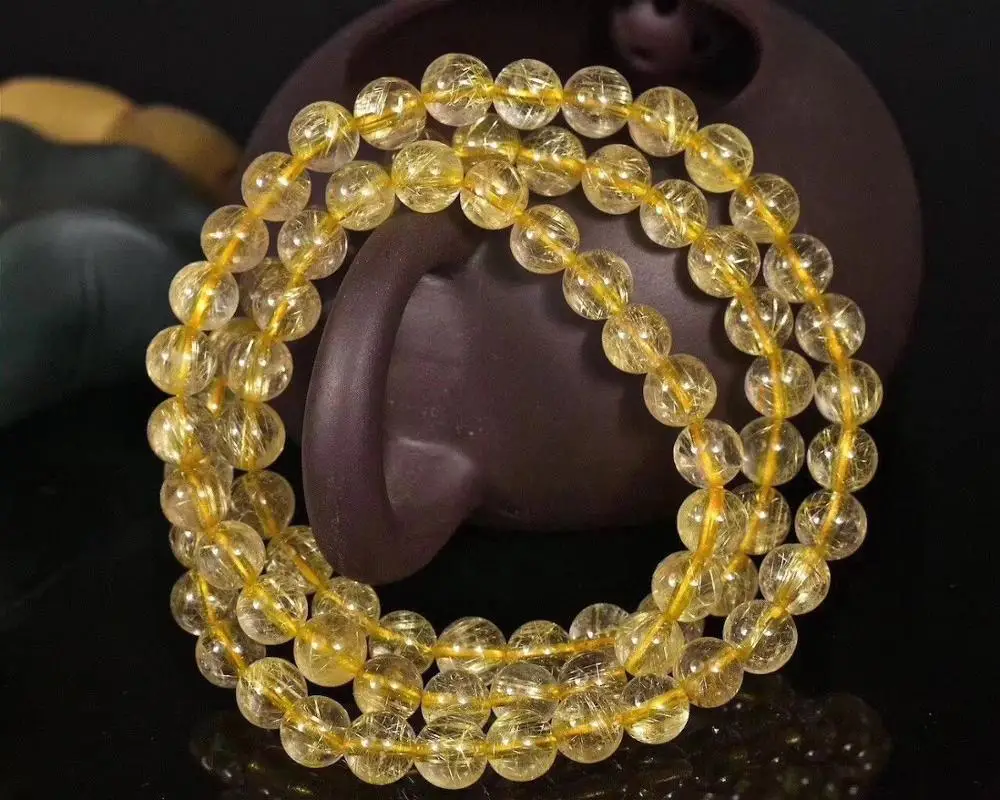 

6-7mm Natural Gold Rutilated Quartz Titanium Stretch Crystal Beads Bracelet