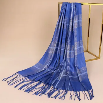 

High quality women printed plaid gold shimmer lurex tassels shawls hijab muslim headband winter 13 color scarves/scarf 180*60cm