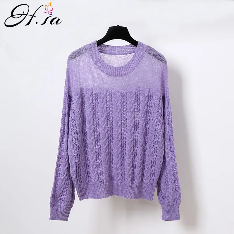 

H.SA sueter mujer Women Casual Pullovers Oneck Long Sleeve Purple Candy Color Chic Sweaters Hollow Out Oversized Sweater Jumpers