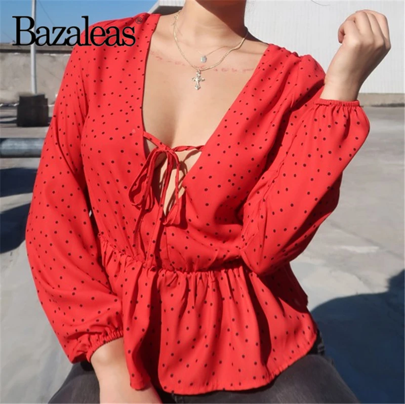 

Bazaleas 2019 Polka Dot Print Blouse Front Ties Ruffle Waist Deep V blouse Lantern Sleeve Shirts Seams Neck Blouses