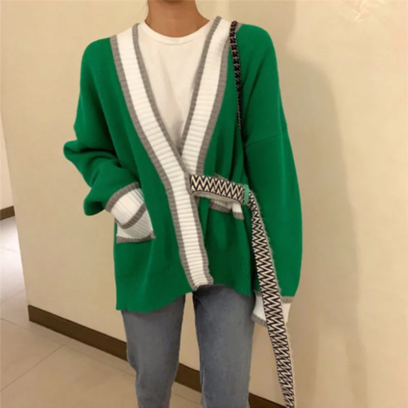 green and white cardigan