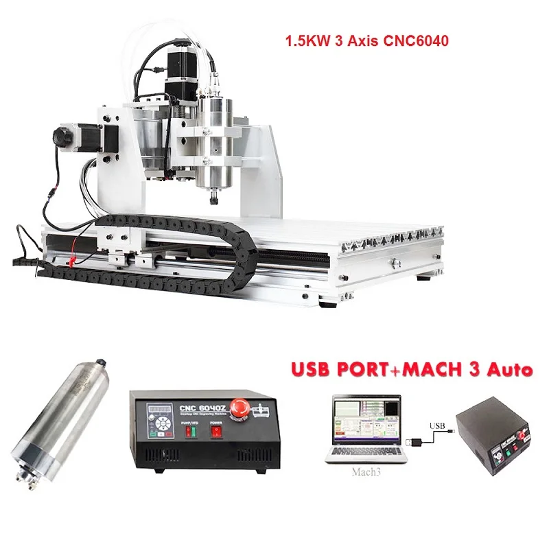 

Hot! 3 Axis USB Milling Machine CNC 6040 Mach3 manual Router with 1500W VFD spindle and auto-checking tool, USB port