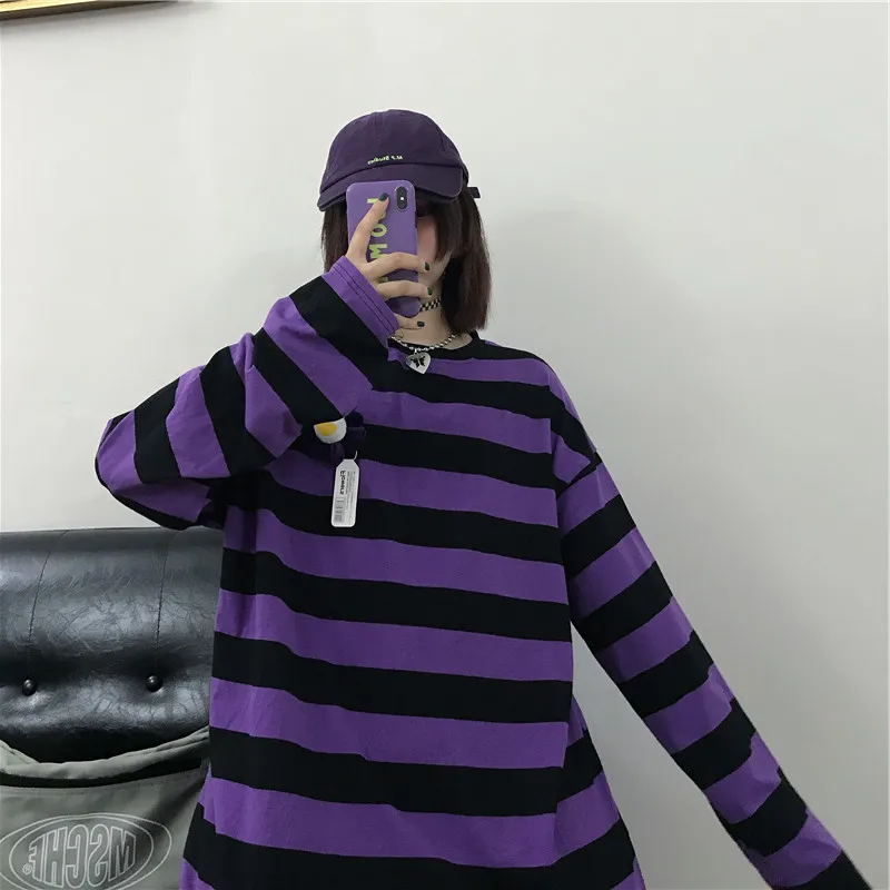 purple Толстовки женские Ретро трендовые полосатые универсальные корейские стильные женские Harajuku Мягкая одежда Повседневная Толстовка Студенческая Длинная с круглым вырезом Повседневная - Цвет: purple