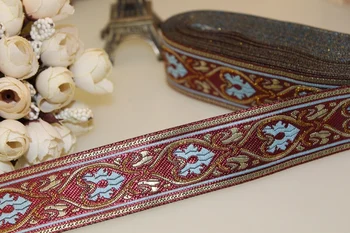 

31mm wide 8yards Polyester folk style flowers with gold thread Woven Jacquard Ribbon