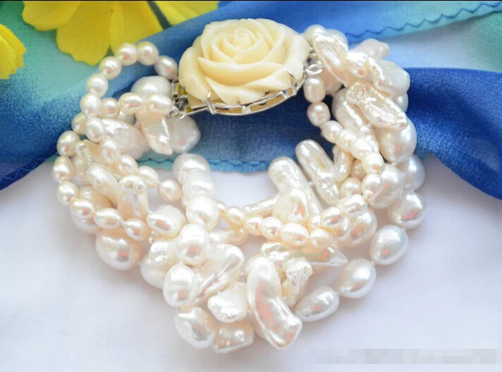 

Z6450 5strands white rice baroque biwa freshwater pearl bracelet 8inch @^Noble style Natural Fine jewe SHIPPING new >>free shipp