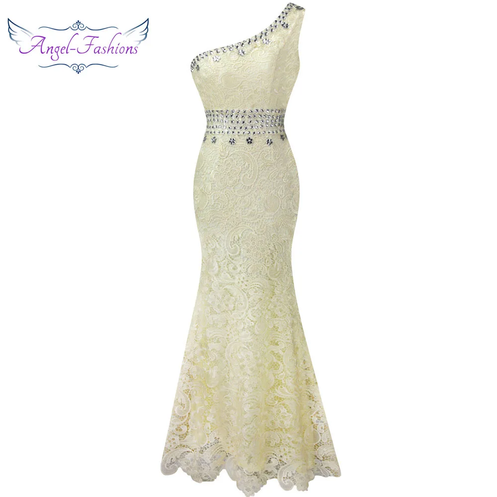 

Angel-fashions One Shoulder Lace Dresses Beading vestidos de fiesta vestido de novia Mermaid Gown Apricot 107