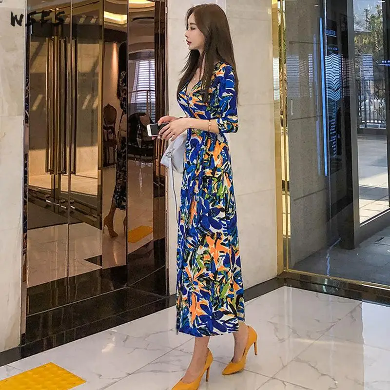 Лето печати Пляжные наряды Vneck синий Женское платье длинные Повседневное дамы