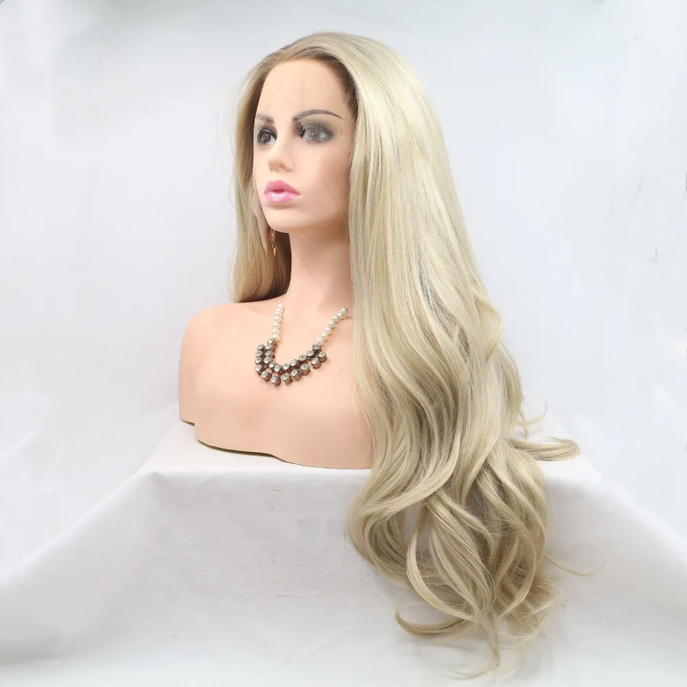 

Marquesha Natural Looking Half Hand Tied Long Wavy Heat Resistant Fiber Synthetic Dark Root Lace Front Ombre Blonde Wig