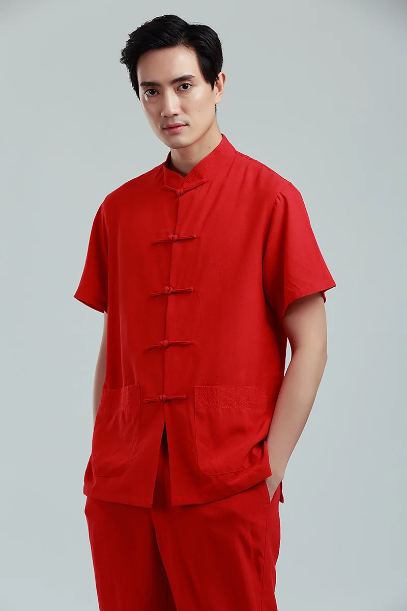 Красное мужское хлопковое белье большого размера XXXL, рубашка, китайский мужской топ с короткими рукавами, кунг-фу Тай-Чи, с карманом, 2350