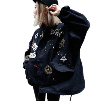 

Badge Patchwork Rivet jacket coat Autumn jacket women Loose Army Green Drawstring Patchwork Foldable jacket women