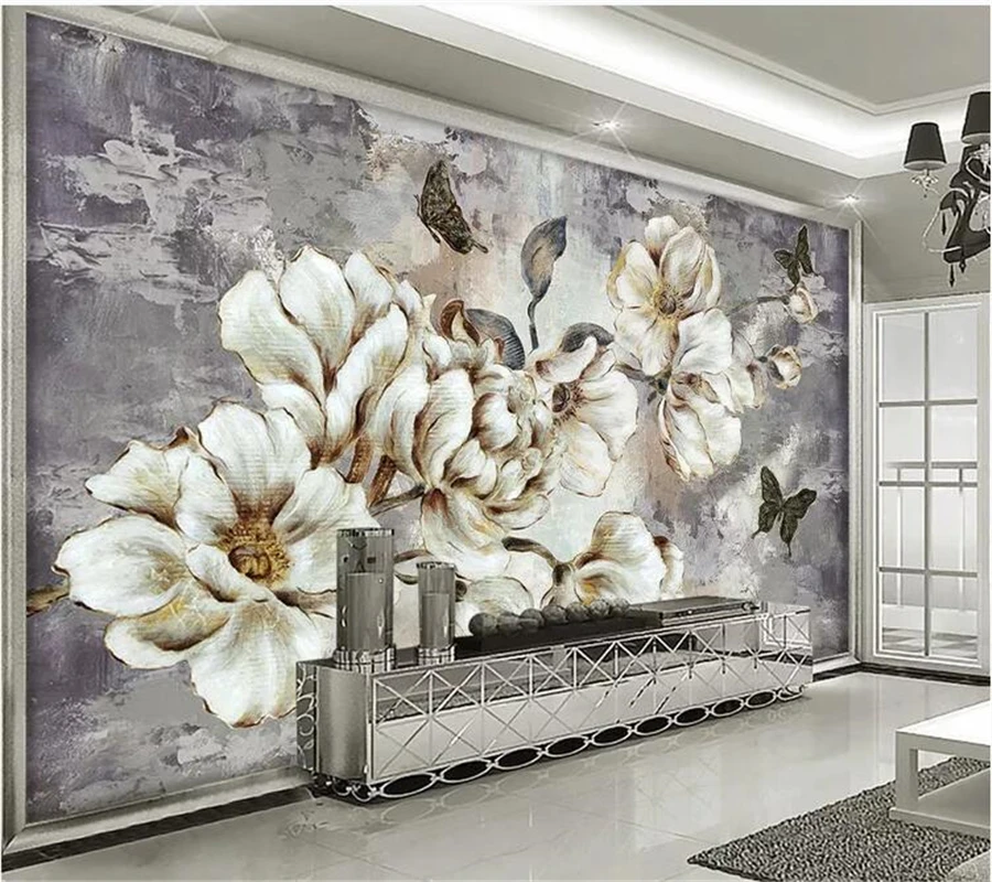

Beibehang Custom Wallpaper wall papers home decor European retro hand-painted flower 3D solid background wall decorative paintin