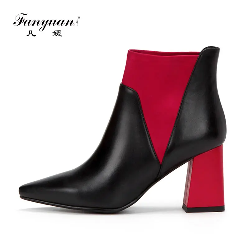 

Fanyuan Fashion Pointed Toe Ankle Boots Genuine Leather Slip-On Chelsea Boots Solid High heel Mixed Colors boots Women shoes