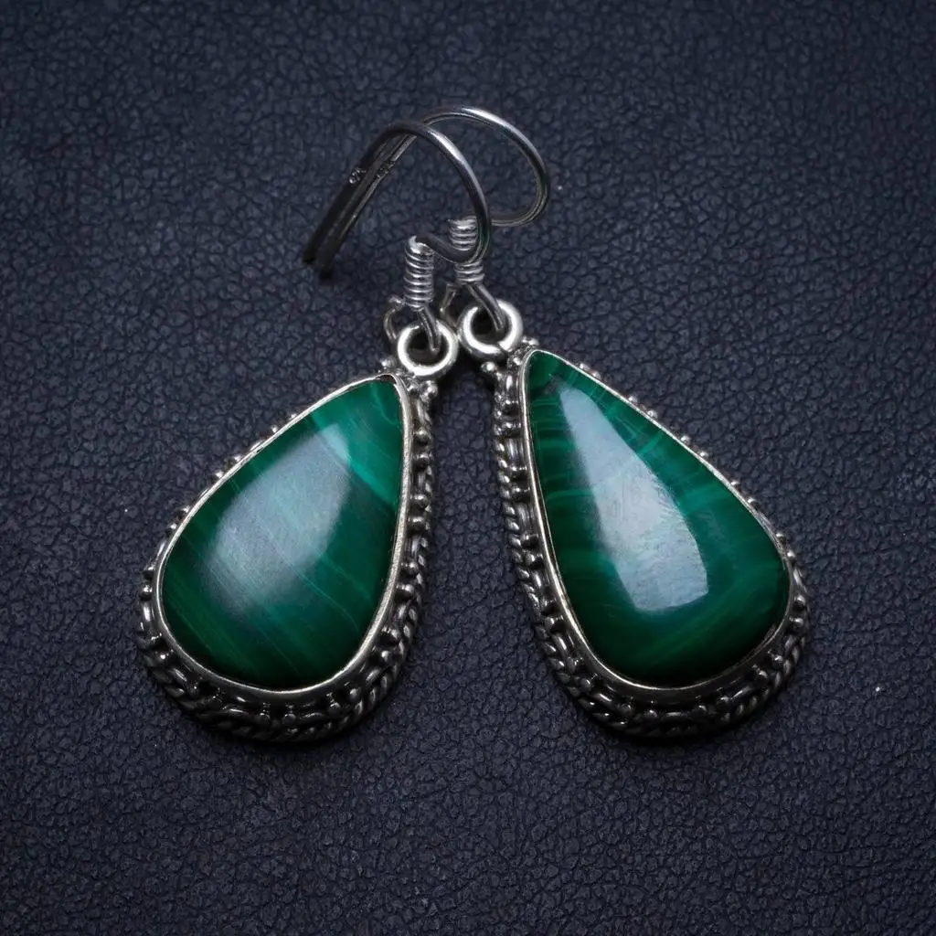 

Natural Malachite Handmade Unique 925 Sterling Silver Earrings 1.5" X3318