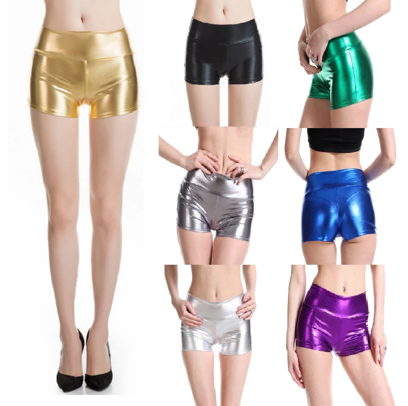 Pantalones cortos de cuero falso para mujer, Shorts cintura media brillante para fiesta, polo, baile, discoteca, color verde plateado y dorado|Pantalones -