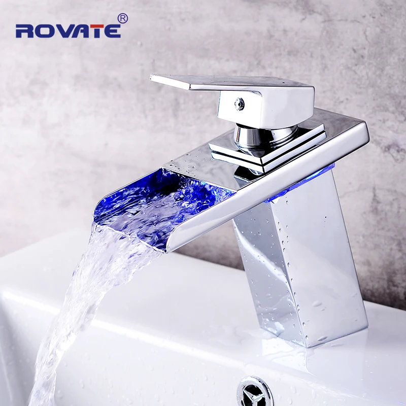  ROVATE LED Basin Faucet Watefall Sink Taps Colors Change with Temperature Bathroom Mixer Brass - 32861963707
